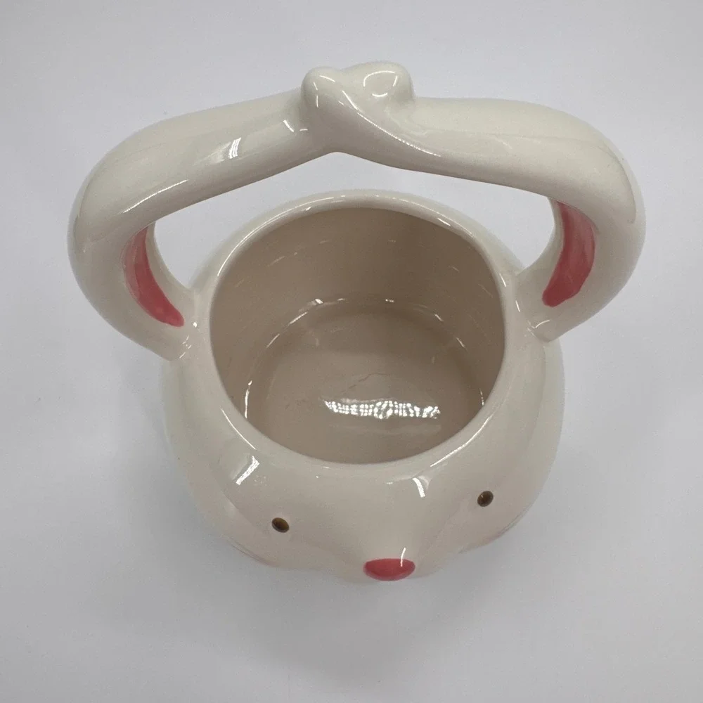 Blooming Blooms Ceramic Easter Bunny Basket Figural Rabbit Candy Dish White Pink